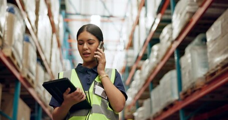 Aufkleber - Woman, phone call and tablet in warehouse for logistics, distribution and contact with supplier for inventory management. Talk, communication and inspection with digital checklist and quality control