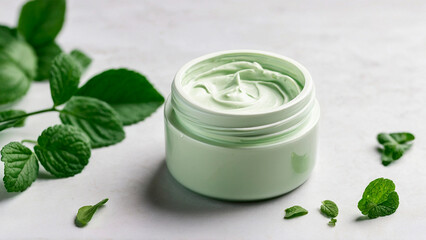 a small glass jar with green herbal cream on a white background