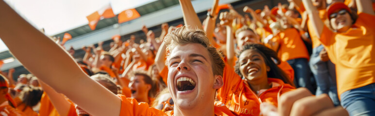 Wall Mural - Dutch football soccer fans in a stadium supporting the national team, Oranje 
