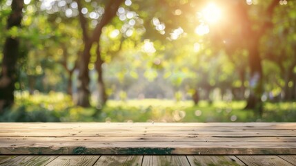 Wall Mural - Wooden table top with copy space. Park background