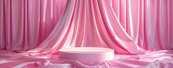 Pink fashion fabric cosmetic podium presentation stand on minimal product display background with abstract luxury beauty cloth backdrop or advertising show stage pedestal and blank pastel scene