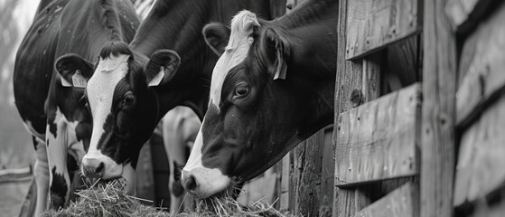 Cows on Farm. Black and white cows eating hay in the stable.