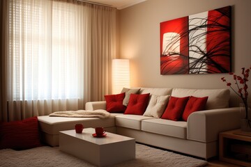 Wall Mural - Modern living room interior with red pillows.