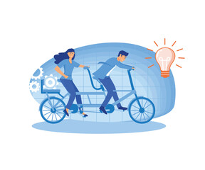 Wall Mural - Creative Idea Teamwork Concept. Business Team Riding Tandem Bicycle. Businessman and Businesswoman Characters on Bike. Cooperation Leadership Metaphor. flat vector modern illustration