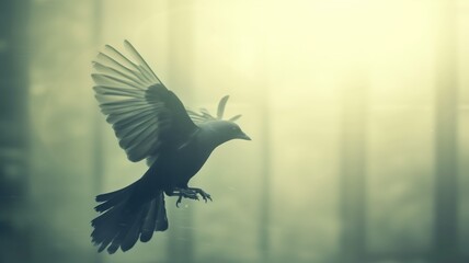 A solitary blackbird in flight, caught against a misty backdrop