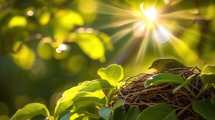 Wall Mural - A watchful bird tends to its nest amidst lush green foliage