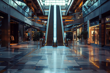 An interior design of a shopping mall with escalator