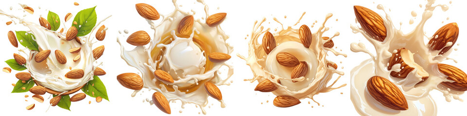 Almond in milk splash png, anime style, cute clipart, isolated on white background or transparent background