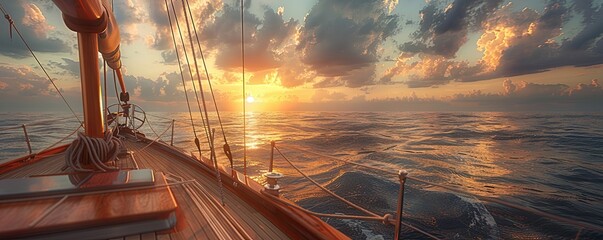 Wall Mural - Generative AI illustration of scenic view of sailboat with wooden deck and mast with rope floating on rippling dark sea against cloudy sunset sky