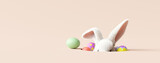 Fototapeta Panele - Easter bunny peeking out of a hole on cream color background. 3d rendering