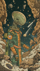  A drawing of card showing an alien piloting a spacecraft through an asteroid belt