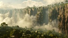 Zhangjiajie National Park, China. The Beauty Of Nature. A 1000 Foot Tall Cliff Face Topped With A Dense Tall Forest, As Seen From The Corrupted Desert Lands Below, AI Generated