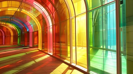 Vibrant Glass Hallway Bathed in Kaleidoscopic Sunlight