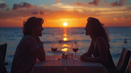 Wall Mural - couple in love drinking wine on romantic dinner at sunset on the beach people love travel concept  