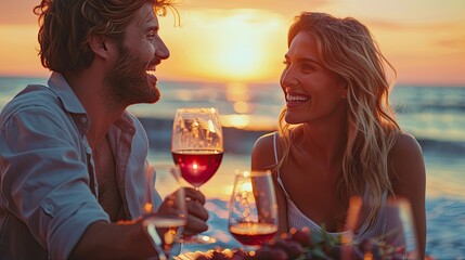 Wall Mural - couple in love drinking wine on romantic dinner at sunset on the beach people love travel concept  