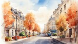 Fototapeta Fototapeta uliczki - Watercolor architectural illustration of a city street road at autumn from Generative AI