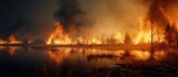 Fototapeta Krajobraz - A dangerous wildfire burns fiercely in a forest next to a body of water, engulfing dry grass and reeds along the lake. The fire is causing ecological devastation, destroying all life in its path