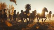 Majestic Wild Horses Galloping in Sunlit Meadow - Tracking Shot