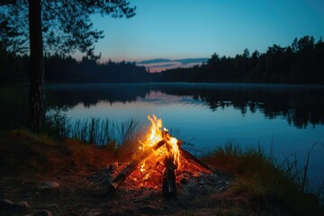 Wall Mural - Peaceful bonfire by a forest lake at night, reflecting the flames on the water surface under a clear sky. 8k