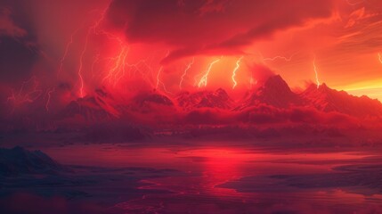 nature background - lightnings in red sky 8k