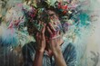 Painting of a woman with a flower crown covering her face