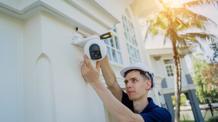 Wall Mural - A technician installs a CCTV camera on the facade of a residential building.