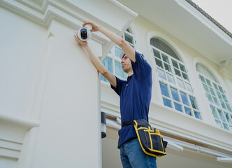 Wall Mural - A technician installs a CCTV camera on the facade of a residential building.