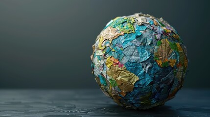 Ball of Earth, Design a globe-shaped object made of recycled materials, symbolizing the importance of reducing waste and conserving resources