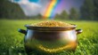 A pot filled with bitcoins on the grass with a rainbow.  Symbol of luck. Savings, earning profit, finance, investment concepts.  St. Patrick's Day holiday March 17. 