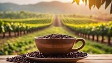 A Cup Of Coffee Beans On The Blurred Background Of A Coffee Plantation With Morning Sun Rays. Perfect Banner For Coffee Shop, Luxury Hotel With Nature View. International Coffee Day October 1