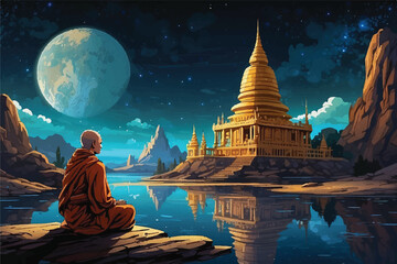 buddha monk old temple river cosmic night