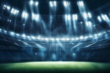 Sports Stadium With A Lights Background, Textured Soccer Game Field With Spotlights Fog Midfield Concept Of Sport, Competition, Winning, Action, Empty Area For Championships