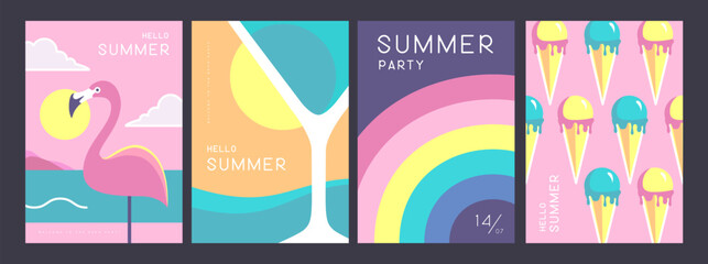 Wall Mural - Set of retro summer posters with summer attributes. Cocktail cosmopolitan silhouette, flamingo, ice cream and rainbow. Vector illustration