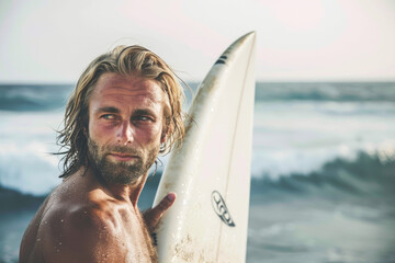 Wall Mural - portrait of a surfer man holding a surfboard at the beach