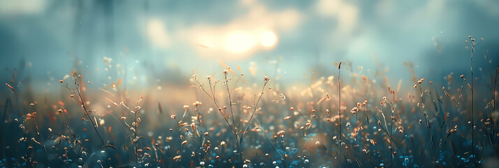 A close up white flowers at sunset or sunrise,  dry grass on blurry background Id,eal for nature-themed designs,Soft gently wind grass flowers in aesthetic nature,grass on a blurry bokeh,