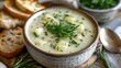 A bowl of creamy potato leek soup, silky in texture and garnished with fresh chives