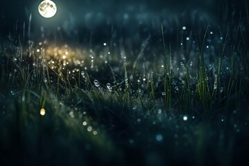 Poster - Nighttime dew on grass under a mystical moonlight, serene and magical atmosphere