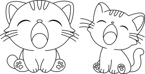 Wall Mural - The cute cat is sitting and yawning coloring page.