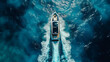 Aerial top dow view of a speed boat in blue water with copyspace, generative ai