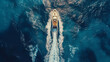Aerial top dow view of a speed boat in blue water with copyspace, generative ai