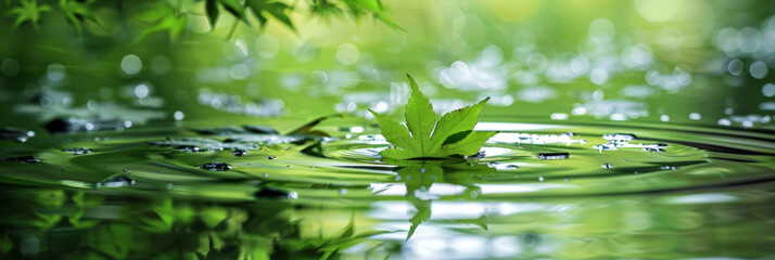 Sticker - A serene background with water and green leaves on green blurred background, reflecting the tranquility of nature,calm,zen, green leaves background