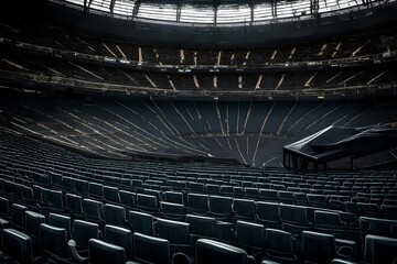 Poster - In the middle of a stadium sits a podium, encircled by empty seats and flashes of light