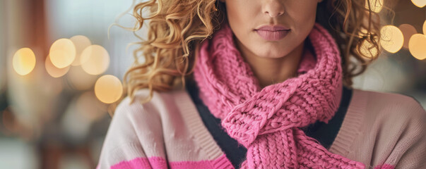 A woman wearing a pink scarf and a pink sweater. She is standing in front of a blurry background