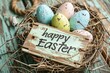 Colorful Easter Egg Basket Rejoice. Happy easter Nature bunny. 3d renewal hare rabbit illustration design. Cute mediterranean festive card easter mailbox decor with copy space wallpaper backdrop
