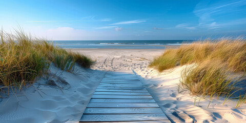 A wooden walkway leading to the beach, surrounded by dunes and grasses under a clear blue sky,