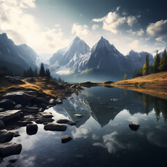 Canvas Print - A serene lake with a reflection of mountains.