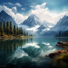 Wall Mural - A serene lake with a reflection of mountains.