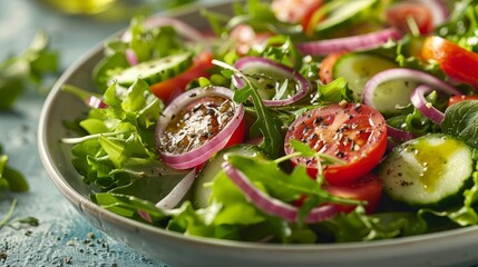 Wall Mural - Colorful Salad with Cucumbers, Tomatoes, and Red Onions in Olive Oil