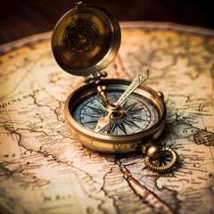 Canvas Print - A vintage compass on a weathered map.