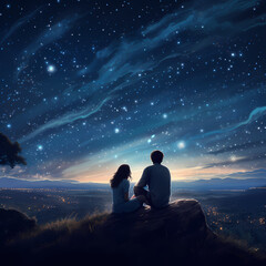 Wall Mural - A young couple stargazing on a clear night.